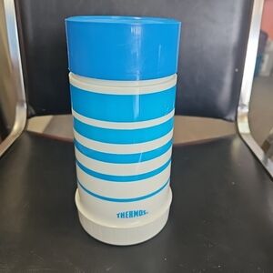 Retro Thermos Hot Cold Blue Stripe Filler 72F Stopper 763 Cup 73A63